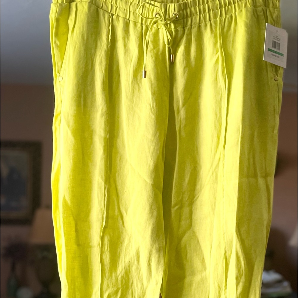 NWT Ellen Tracy Florescent Yellow Linen Palazzo Pants L